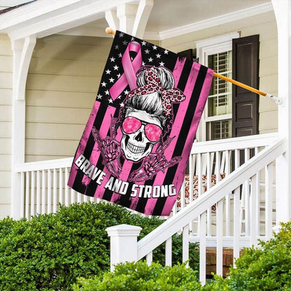 Brave And Strong Skull & Pink Ribbon - Breast Cancer Awareness House Flag