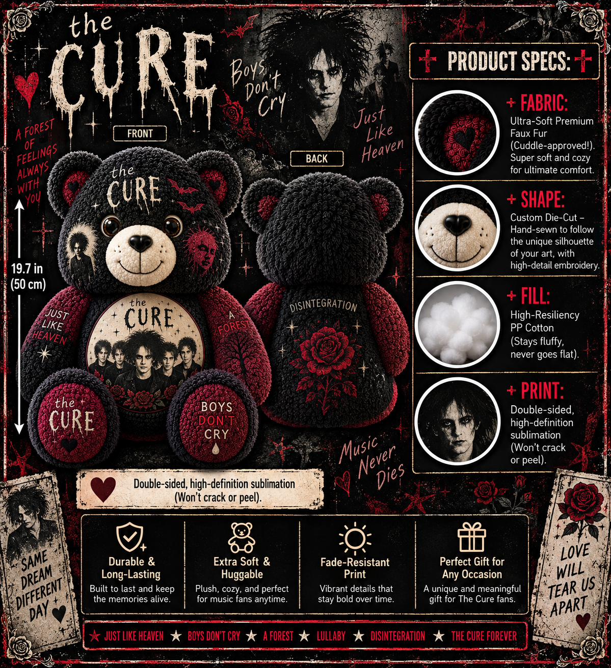 The Cure Bear Custom Shaped Pillow – Boys Don’t Cry Gothic Rock Music Fan Gift, Alternative Rock Lover Decor