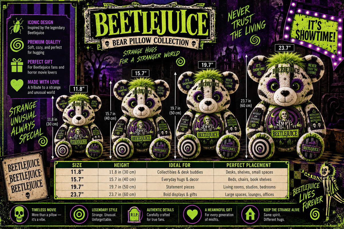 Beetlejuice Bear Custom Shaped Pillow – It’s Showtime Spooky Halloween Fan Gift