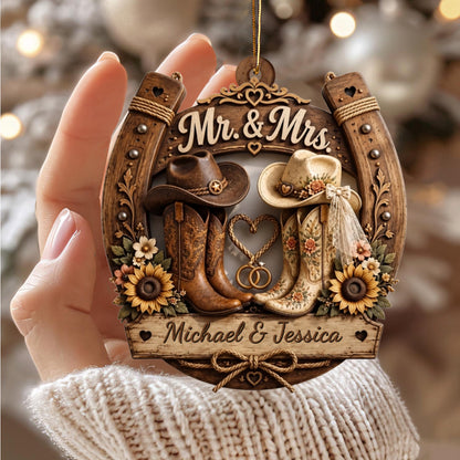 Personalized Rustic Horseshoe & Cowboy Boots Wedding Wooden Ornament