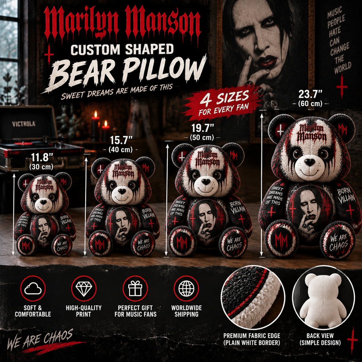 Marilyn Manson Custom Shaped Bear Pillow – Gothic Rock Music Inspired Gift for Fans