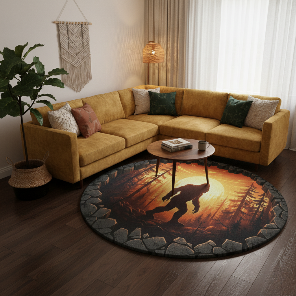 Bigfoot Forest Fire In Floor Round Mat