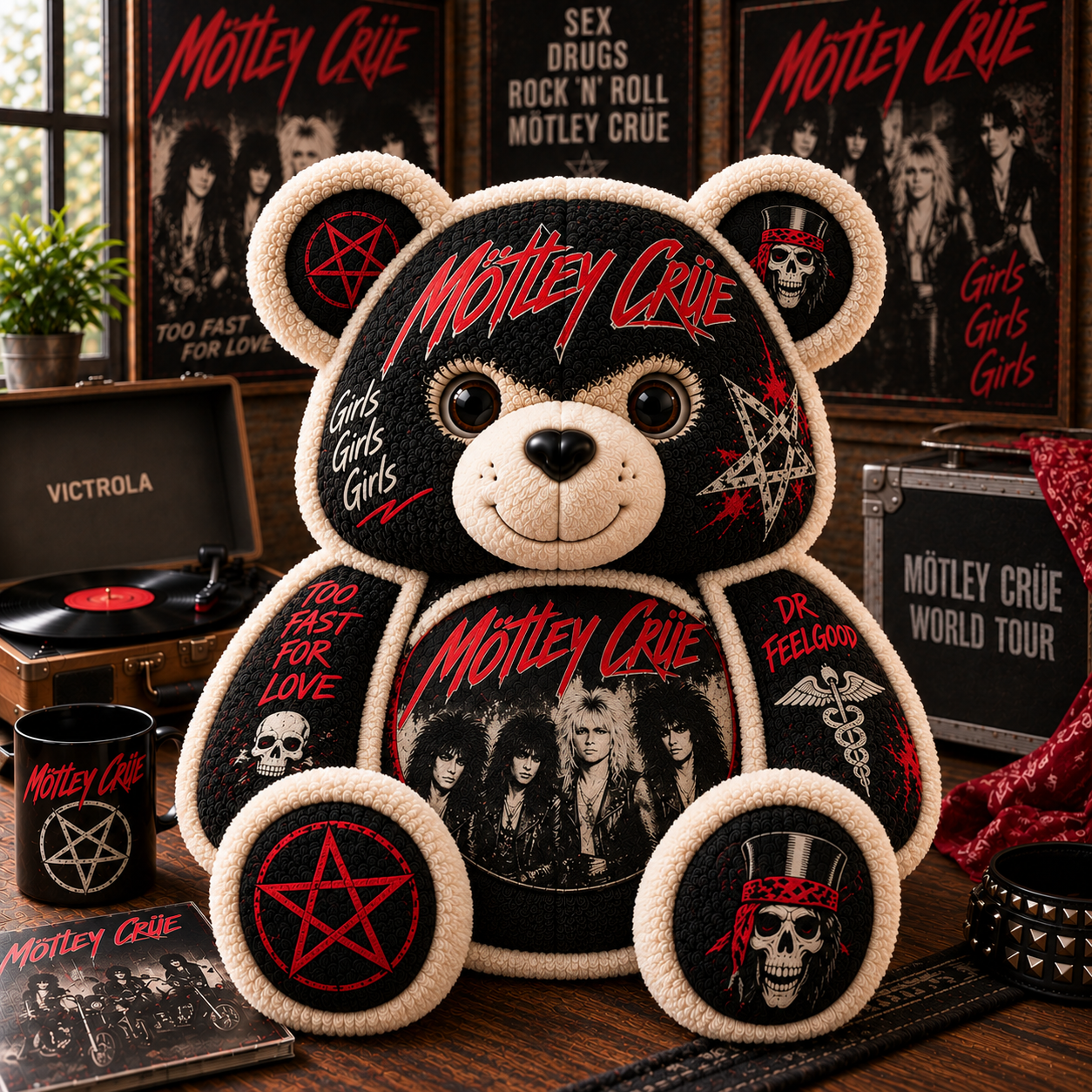 Mötley Crüe Bear Custom Shaped Pillow – Glam Metal Rock Music Fan Gift