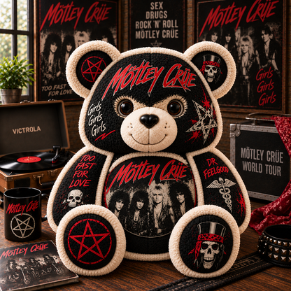 Mötley Crüe Bear Custom Shaped Pillow – Glam Metal Rock Music Fan Gift