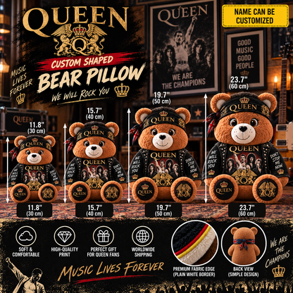 Queen Custom Shaped Bear Pillow – Classic Rock Inspired Gift for Queen & Freddie Mercury Fans