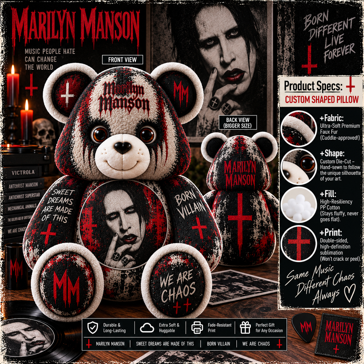 Marilyn Manson Custom Shaped Bear Pillow – Gothic Rock Music Inspired Gift for Fans