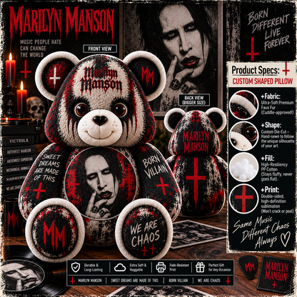 Marilyn Manson Custom Shaped Bear Pillow – Gothic Rock Music Inspired Gift for Fans