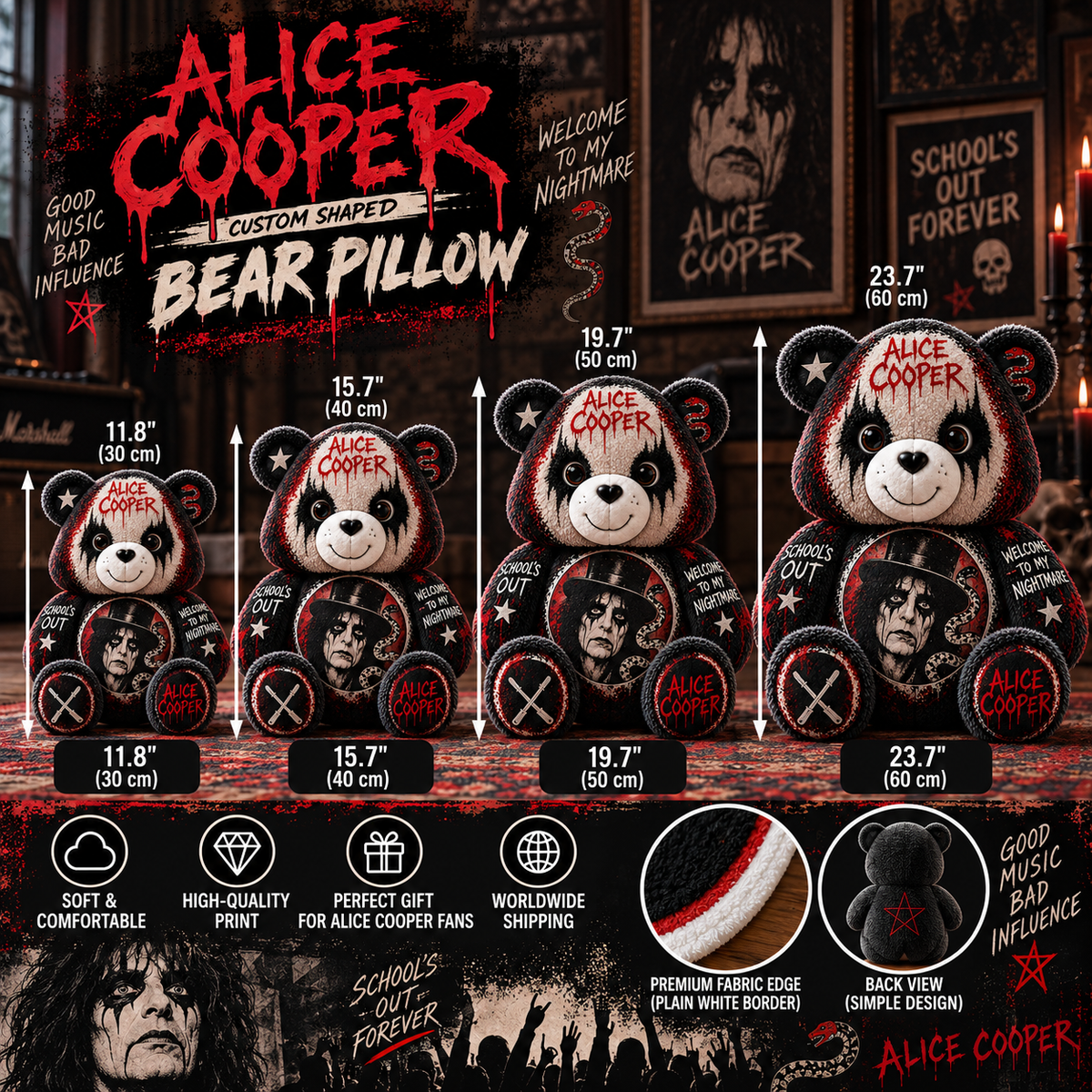 Alice Cooper Custom Shaped Bear Pillow – Shock Rock Music Inspired Gift for Alice Cooper Fans