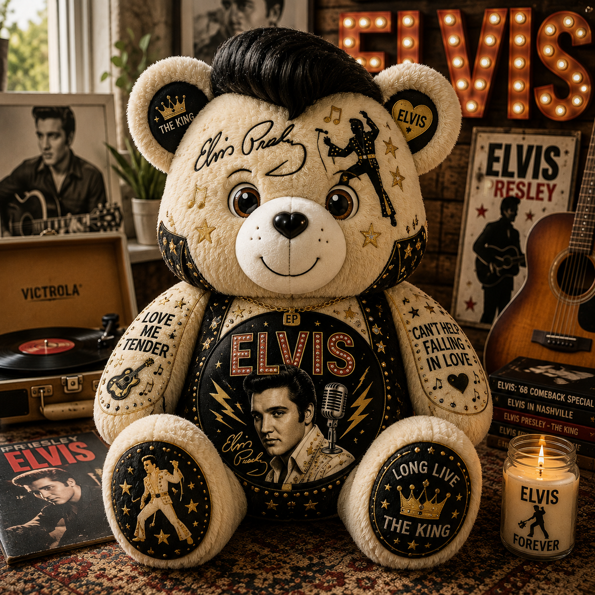 Elvis Presley Bear Custom Shaped Pillow – Gift for Elvis Fans & Rock ’n’ Roll Lovers
