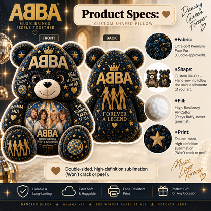 ABBA Dancing Queen Bear Custom Shaped Pillow – Music Fan Gift, 70s Pop Collectible