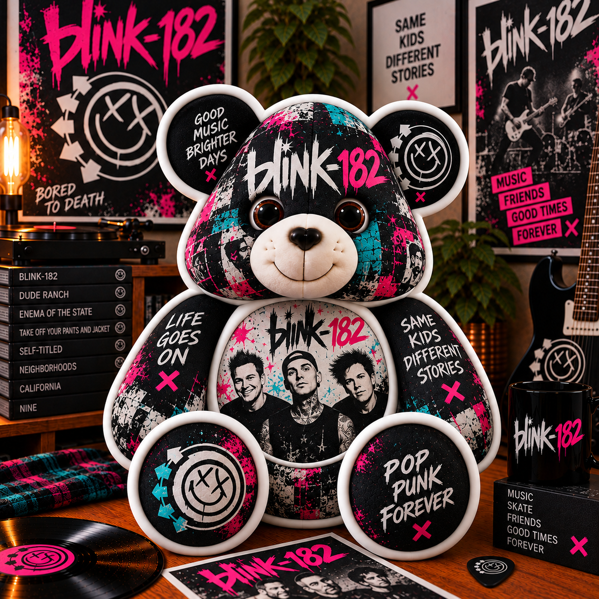 Blink-182 Custom Shaped Bear Pillow – Pop Punk Music Inspired Gift for Fans