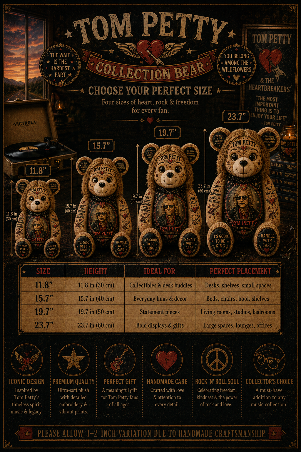 Tom Petty Free Fallin’ Bear Custom Shaped Pillow – The Heartbreakers Classic Rock Music Lover Gift