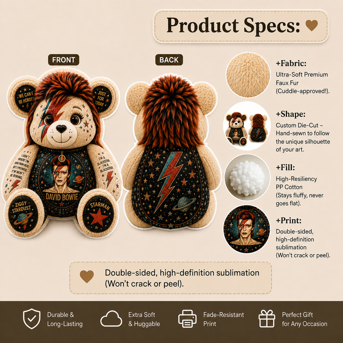 David Bowie Bear Custom Shaped Pillow – Gift for Classic Music Lovers
