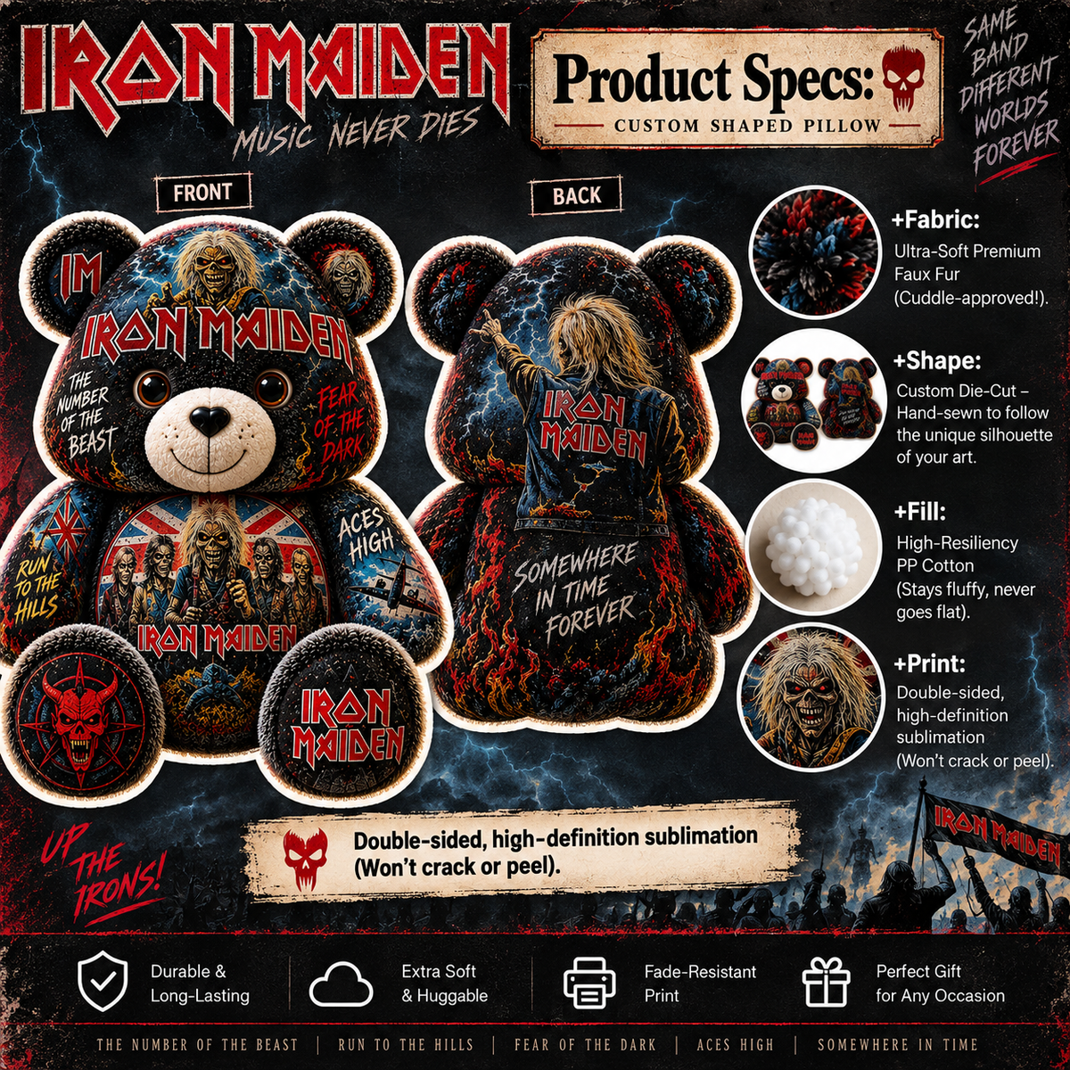 Iron Maiden Bear Custom Shaped Pillow – Fear of the Dark Heavy Metal Music Fan Gift, Rock Collectible