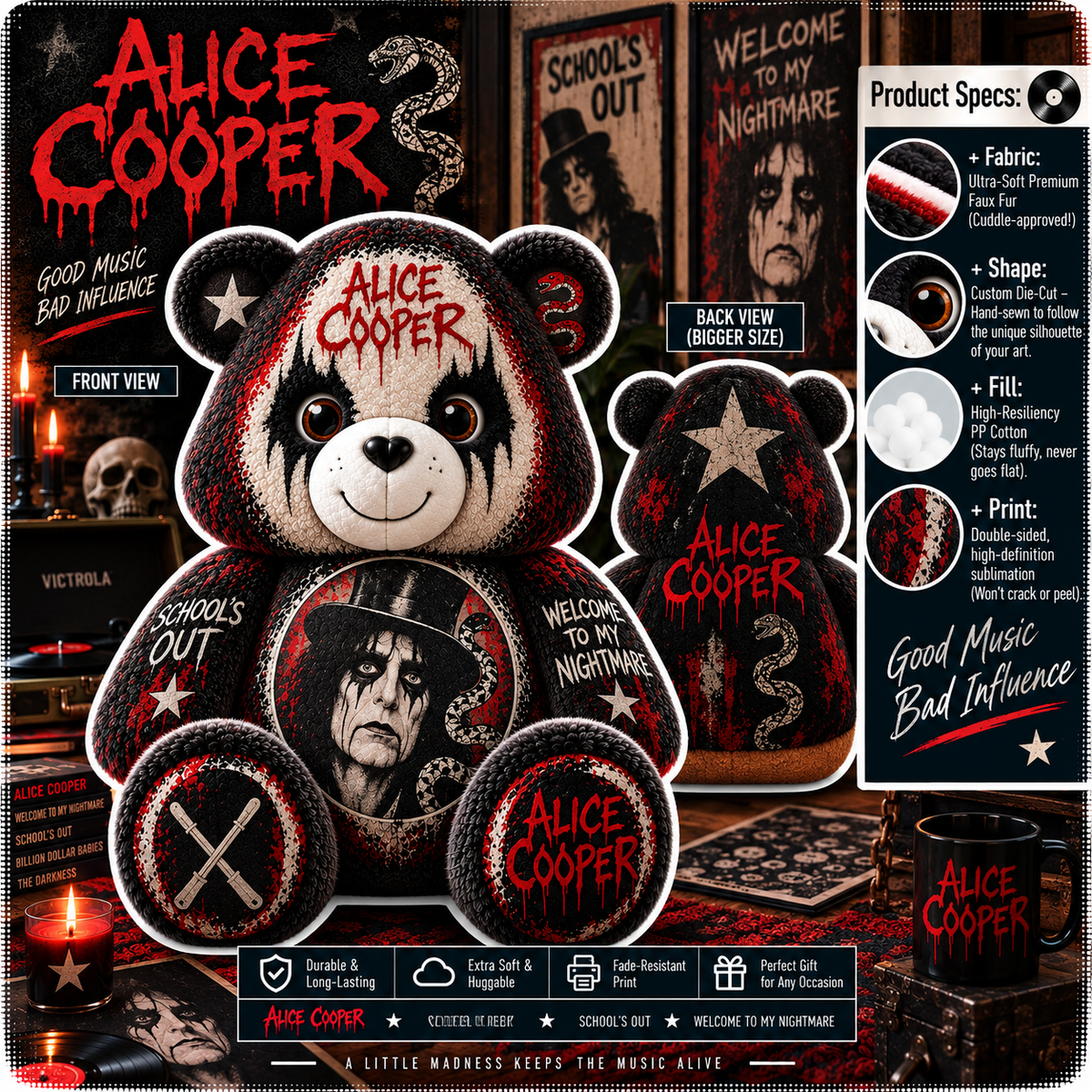 Alice Cooper Custom Shaped Bear Pillow – Shock Rock Music Inspired Gift for Alice Cooper Fans