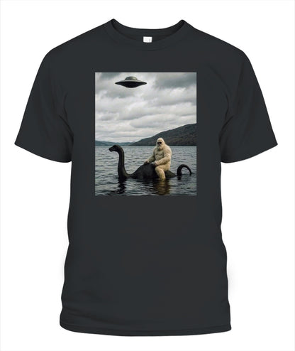 Bigfoot Rides Nessie – Legendary Lake Monster Shirt