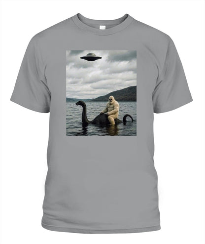 Bigfoot Rides Nessie – Legendary Lake Monster Shirt