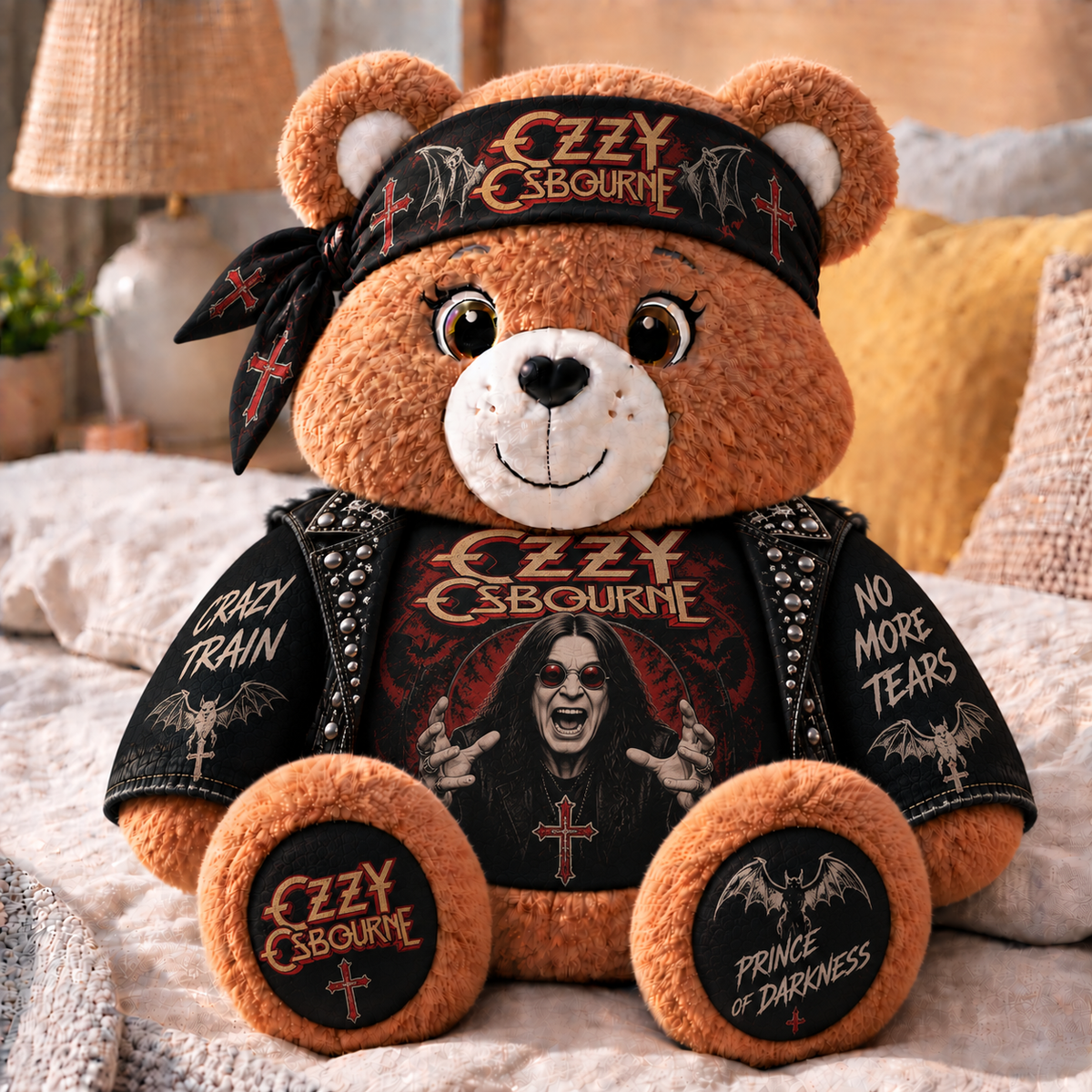 Ozzy Osbourne Custom Shaped Bear Pillow – Crazy Train Prince of Darkness Rock Music Inspired Gift for Ozzy Fans