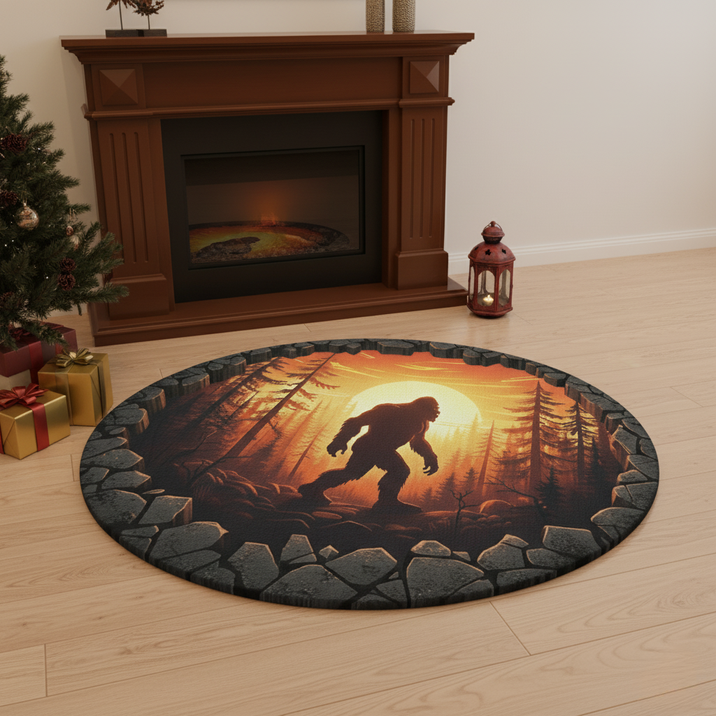Bigfoot Forest Fire In Floor Round Mat