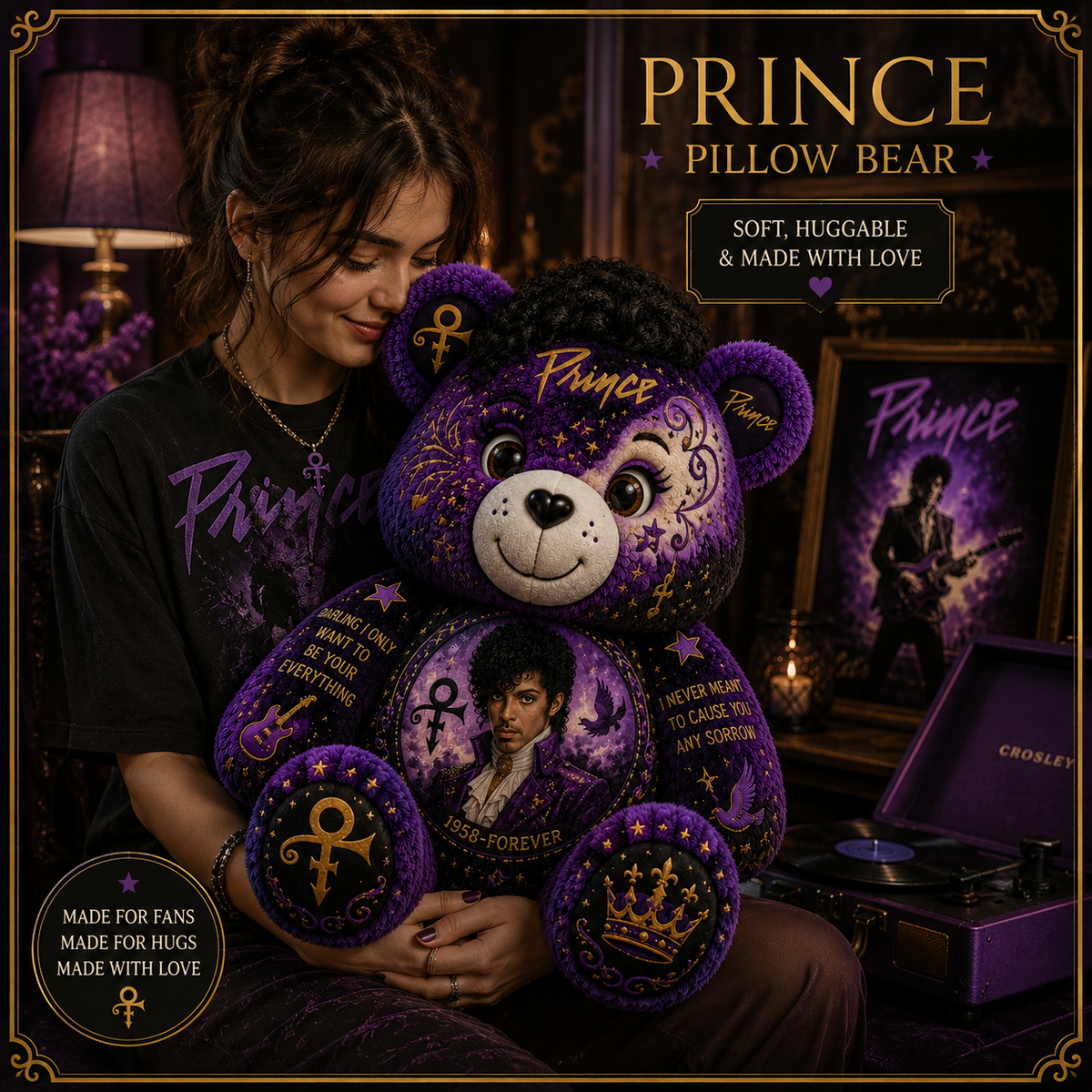 Prince Bear Custom Shaped Pillow – Gift for Prince Fans & Purple Rain Music Lovers