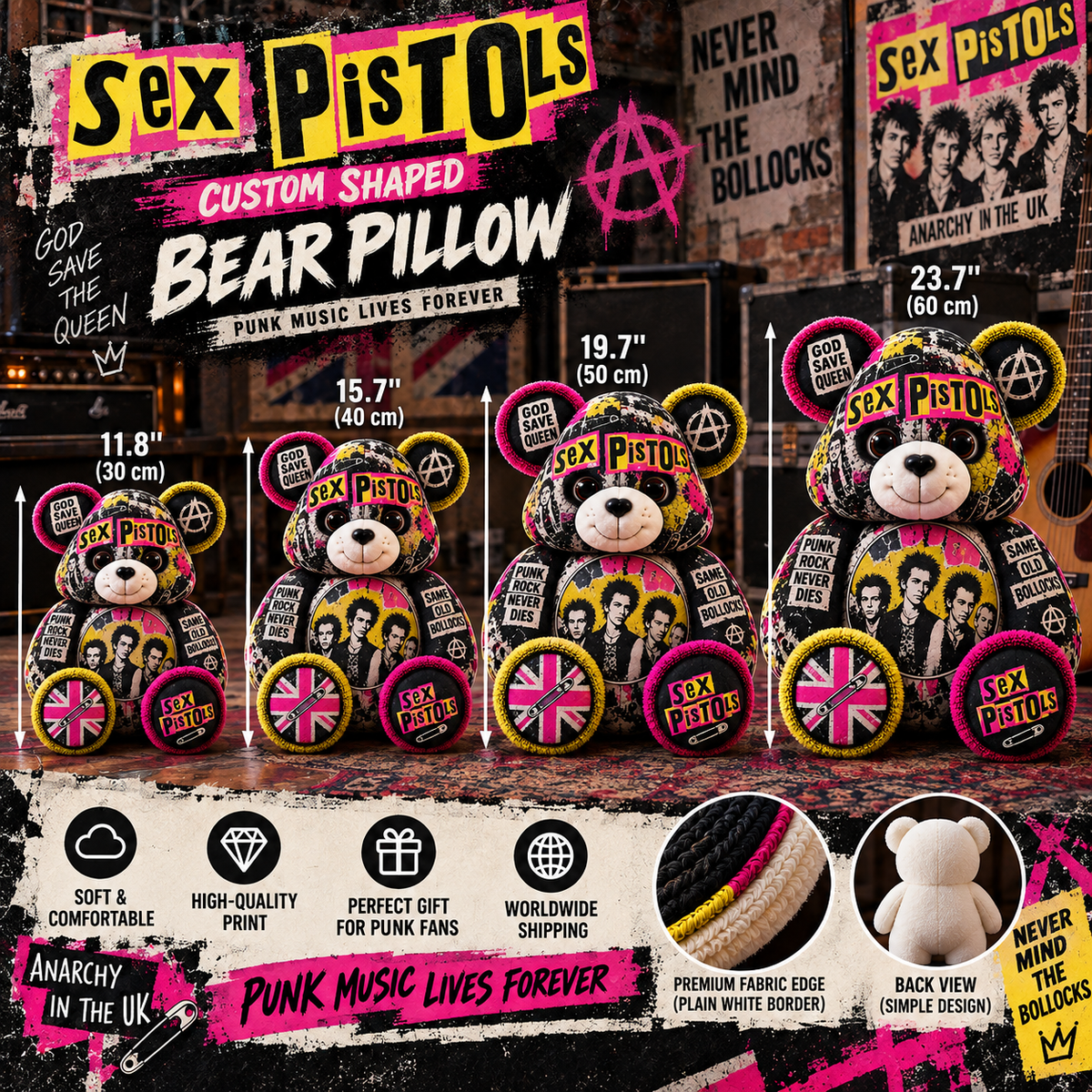 Sex Pistols Custom Shaped Bear Pillow – Punk Rock Music Inspired Gift for Fans