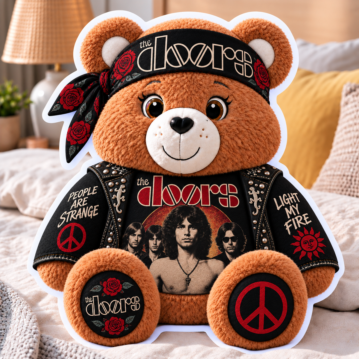 The Doors Custom Shaped Bear Pillow – People Are Strange Light My Fire Classic Rock Music Inspired Gift for The Doors Fans