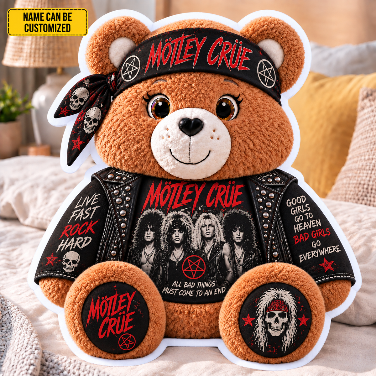 Mötley Crüe Custom Shaped Bear Pillow – Live Fast Rock Hard Hair Metal Rock Music Inspired Gift for Mötley Crüe Fans