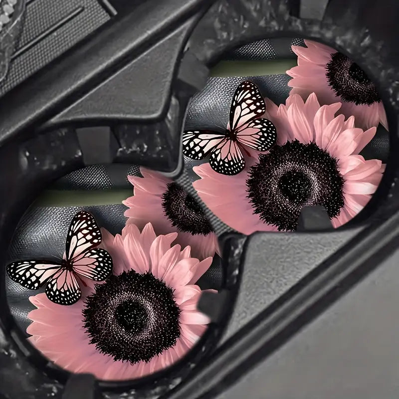 Pink Sunflower & Butterfly Car Coaster