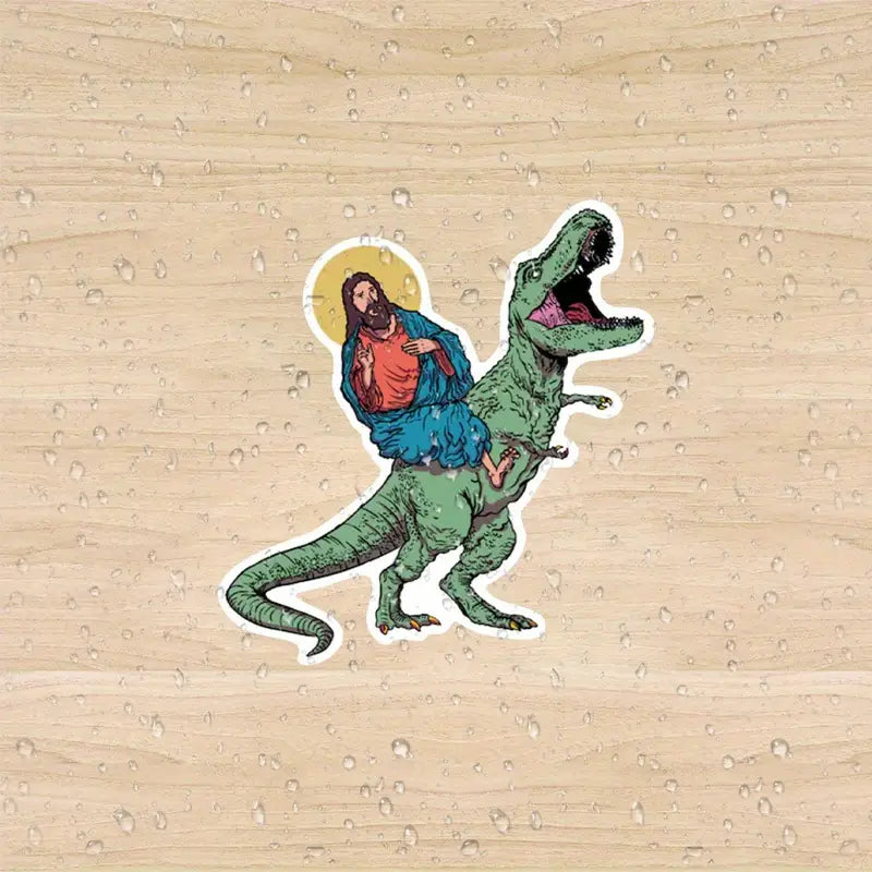 Funny Offensive Jesus Riding Dinosaur Sticker
