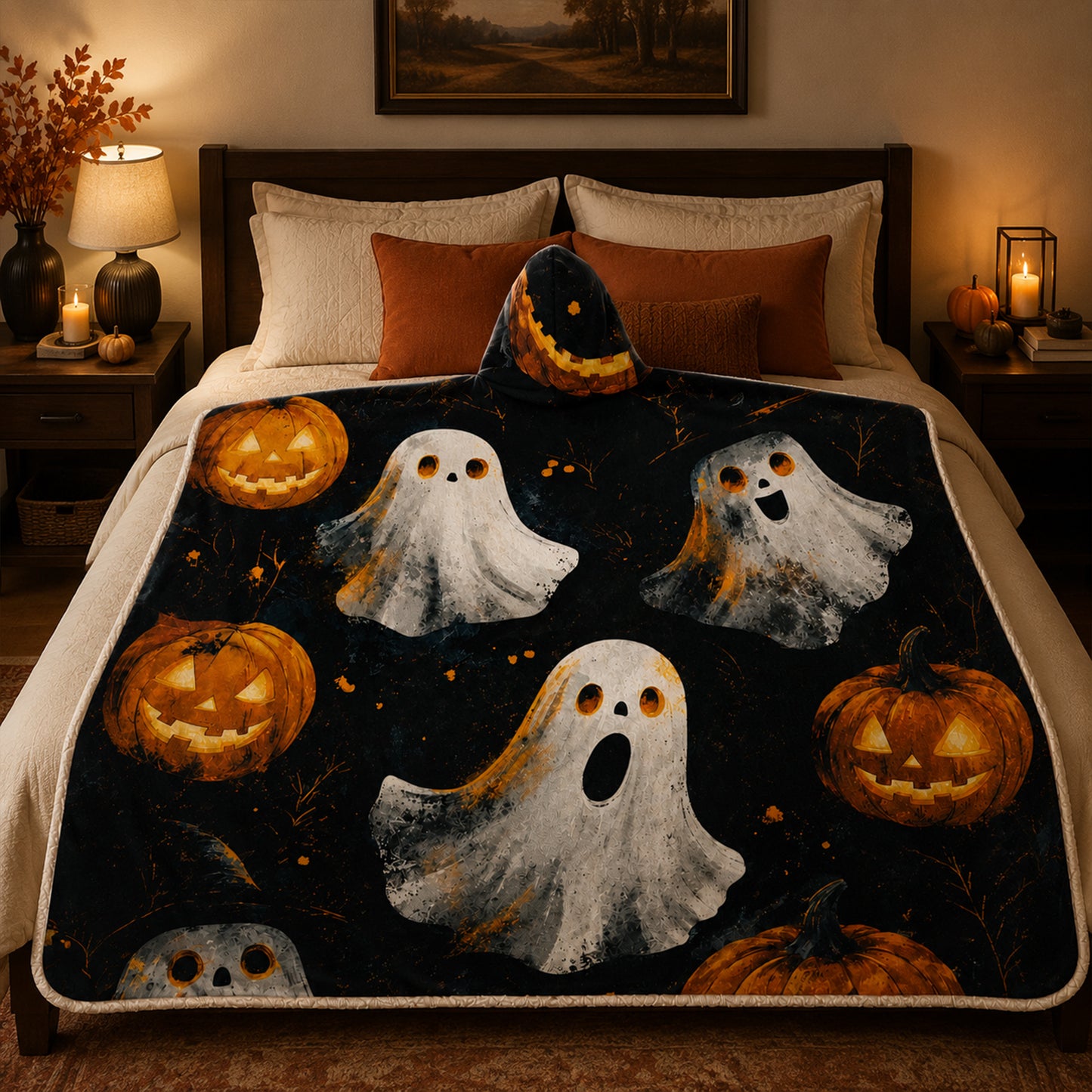 Ghost & Pumpkin Hooded Blanket
