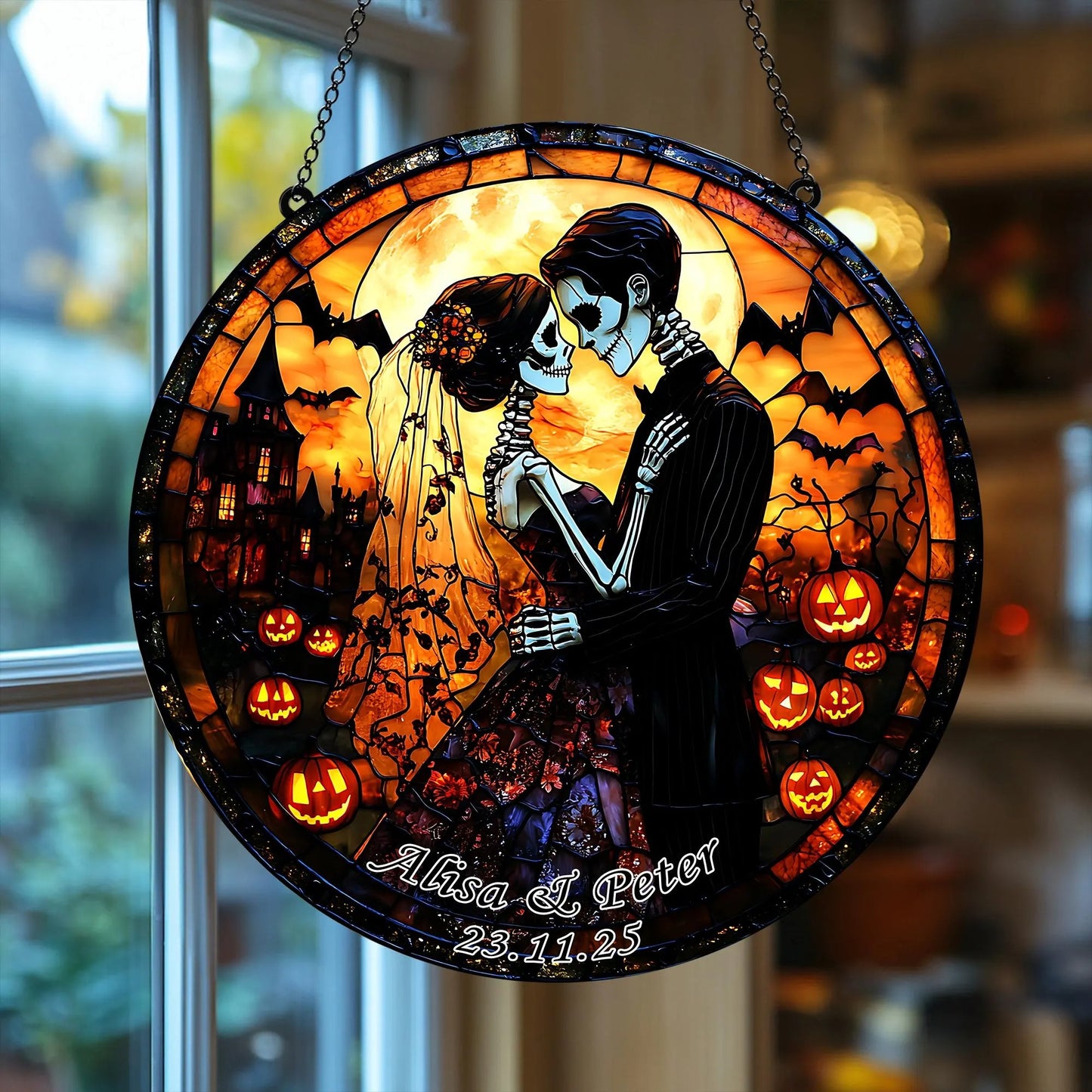 Personalized Gothic Skull Couple Stained Glass Suncatcher, Hanging Decor