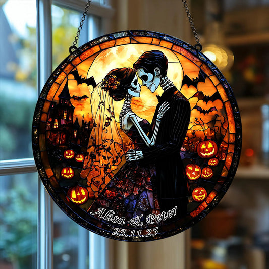 Personalized Gothic Skull Couple Stained Glass Suncatcher, Hanging Decor