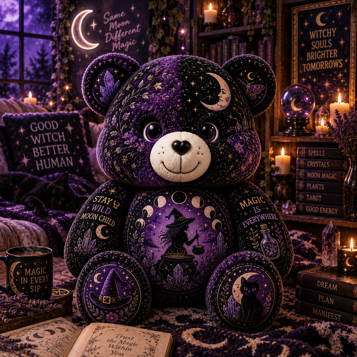 Celestial Witch Bear Custom Shaped Pillow – Moon Magic, Crystal & Black Cat Witchy Gift