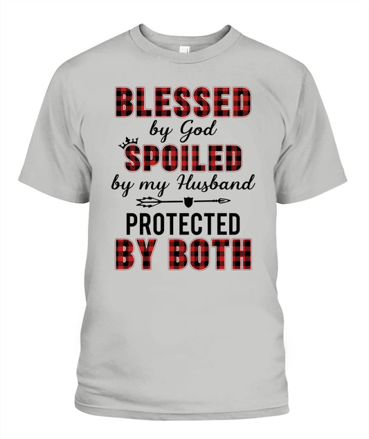 Blessed by God Spoiled by My Husband Protected by Both Shirt – Buffalo Plaid Wife Shirt