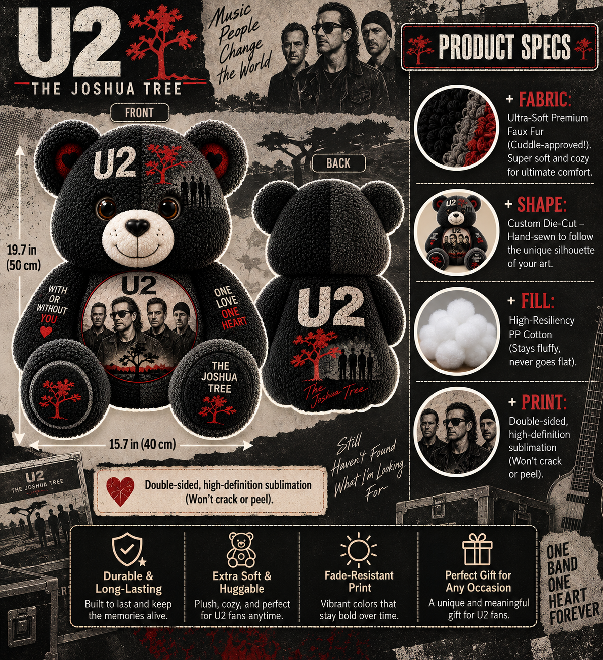 U2 Band Bear Custom Shaped Pillow – Rock Music Legend Gift