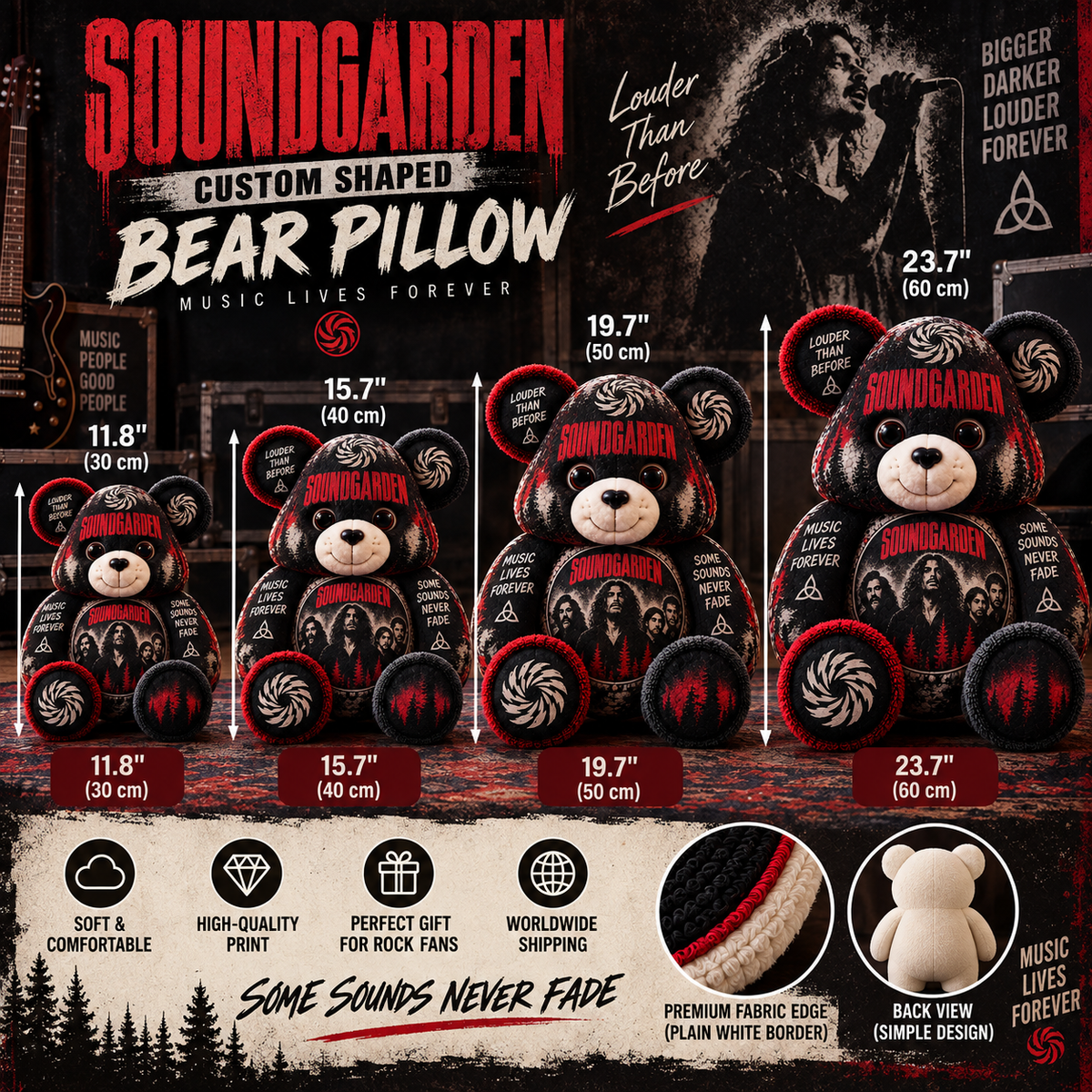 Soundgarden Custom Shaped Bear Pillow – Grunge Rock Music Inspired Gift for Fans