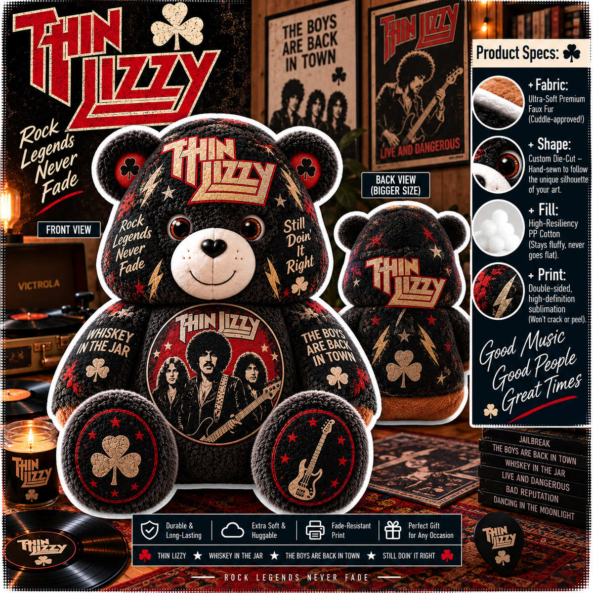 Thin Lizzy Custom Shaped Bear Pillow – Classic Rock Music Inspired Gift for Thin Lizzy Fans