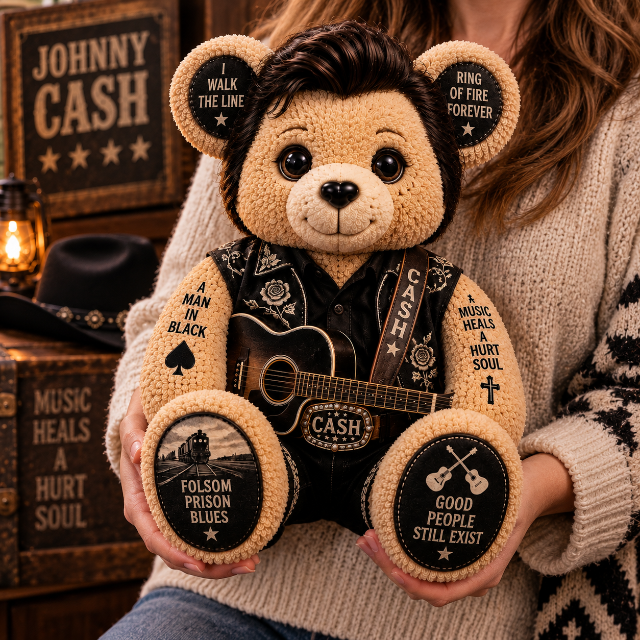 Johnny Cash Bear Custom Shaped Pillow – King of Country, Pure Country Music Fan Gift