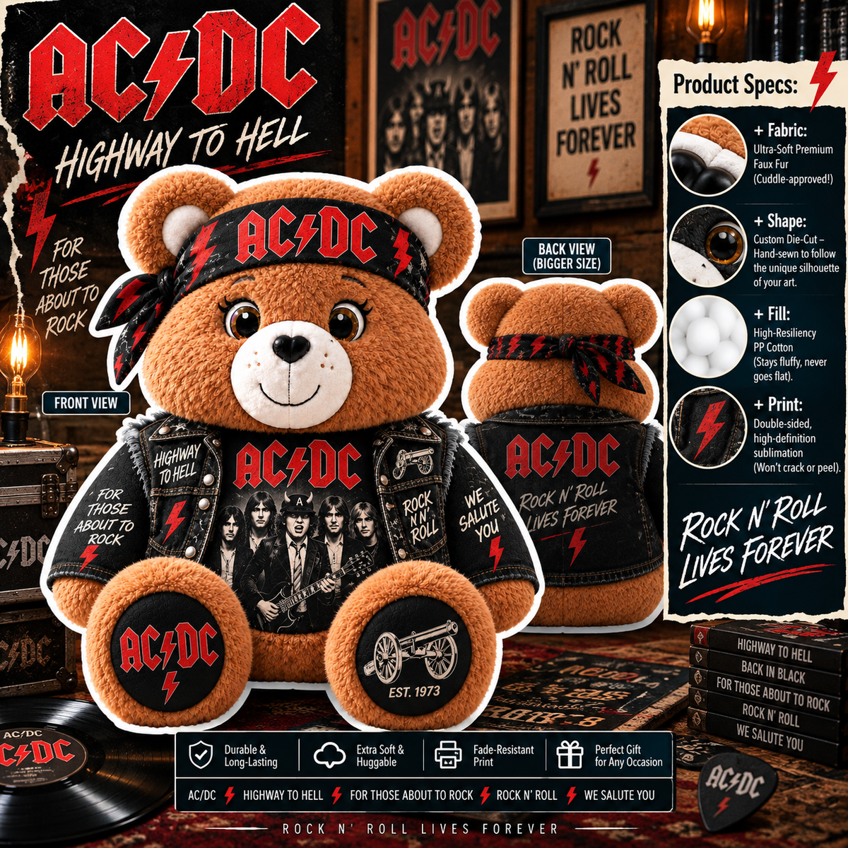 AC/DC Custom Shaped Bear Pillow – Classic Rock Inspired Gift for AC/DC Fans