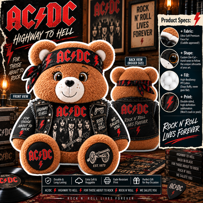 AC/DC Custom Shaped Bear Pillow – Classic Rock Inspired Gift for AC/DC Fans