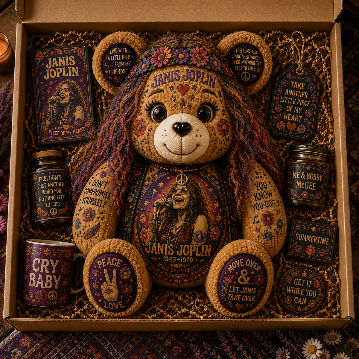 Janis Joplin Bear Custom Shaped Pillow – Gift for Classic Music Lover