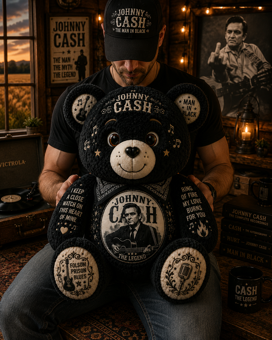 Johnny Cash Man in Black Bear Custom Shaped Pillow – Country Music Legend Gift