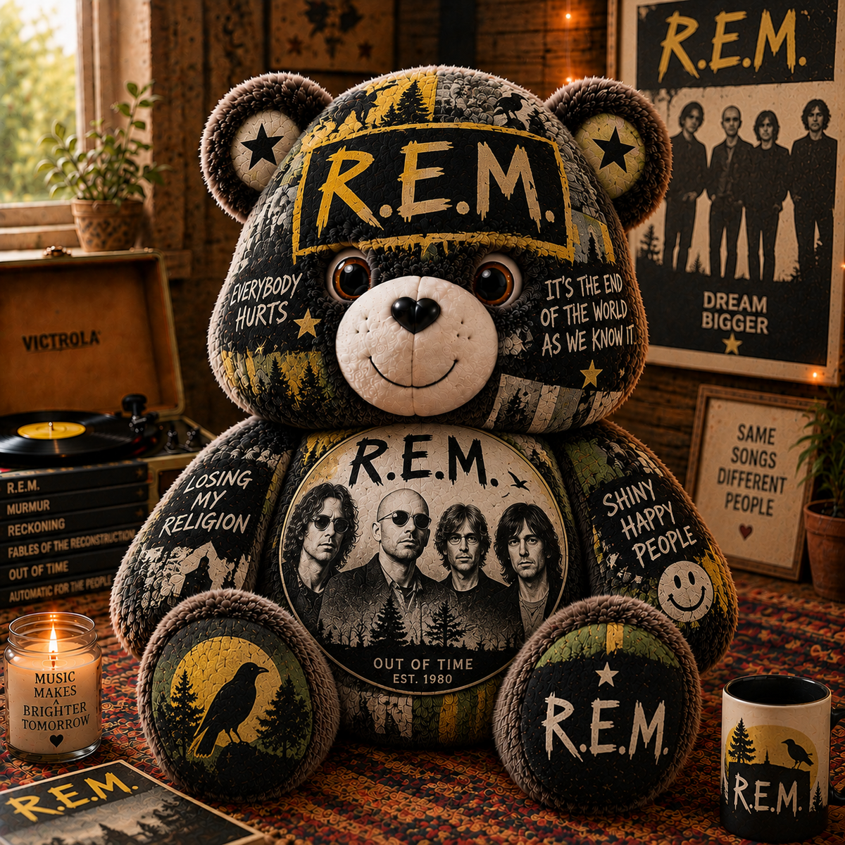 R.E.M. Bear Custom Shaped Pillow – Alternative Rock Music Fan Gift