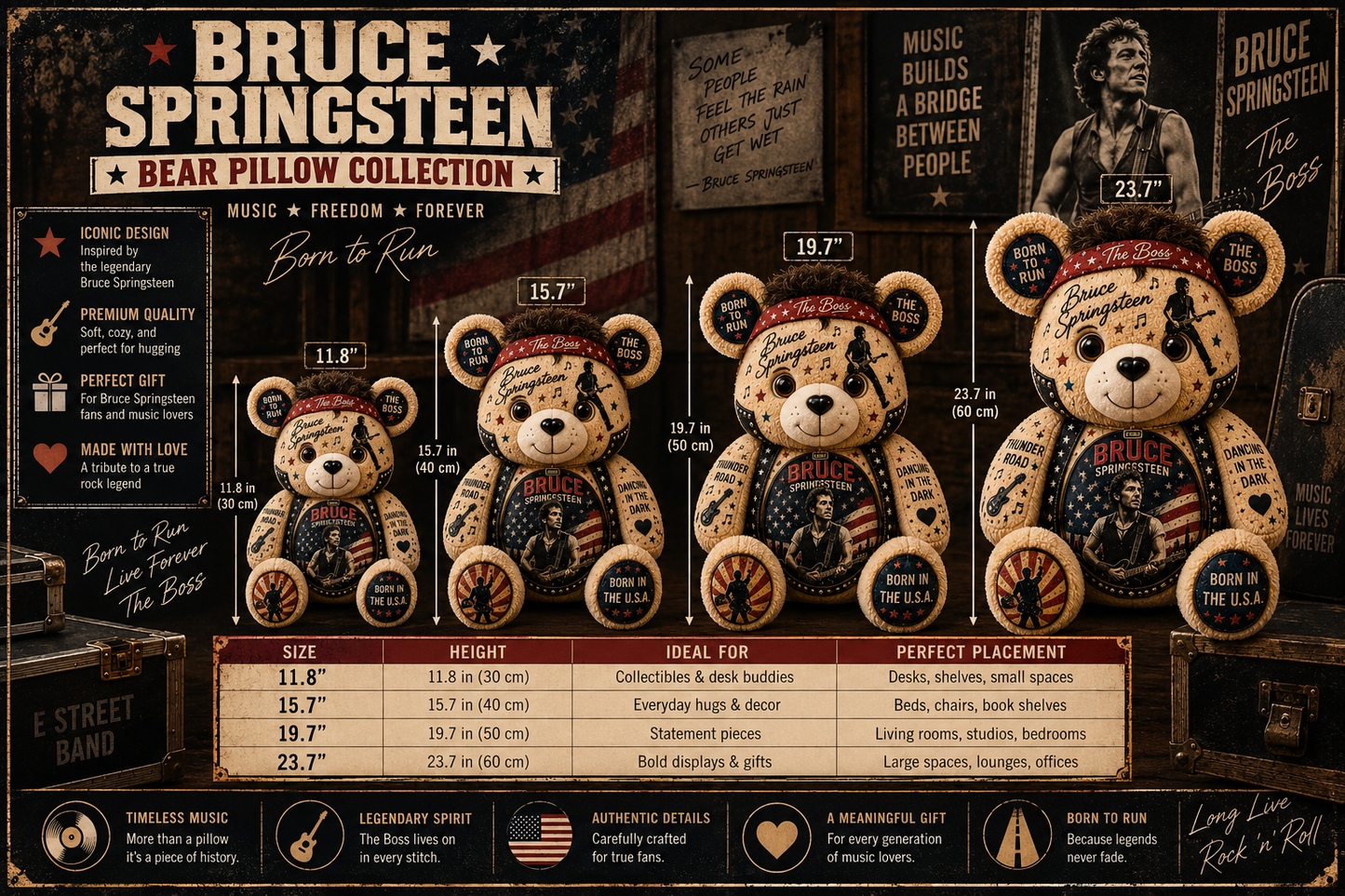 Bruce Springsteen Bear Custom Shaped Pillow – The Boss, Born to Run Rock Music Fan Gift