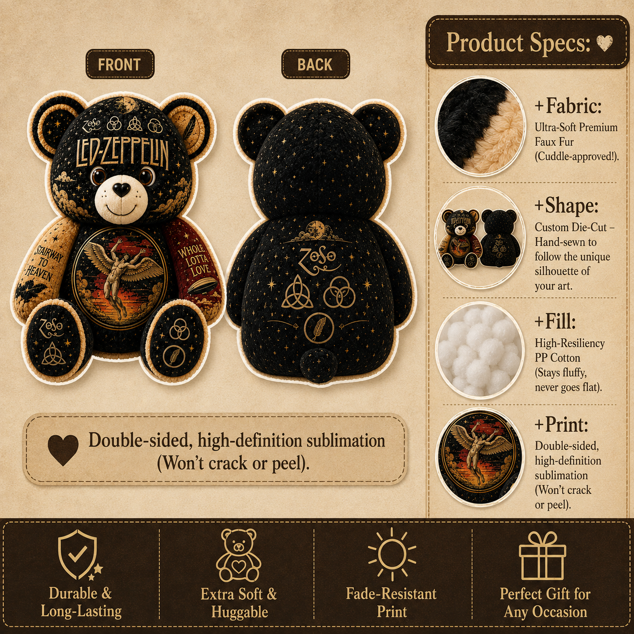 Led Zeppelin Bear Custom Shaped Pillow – Gift for Classic Music Lover