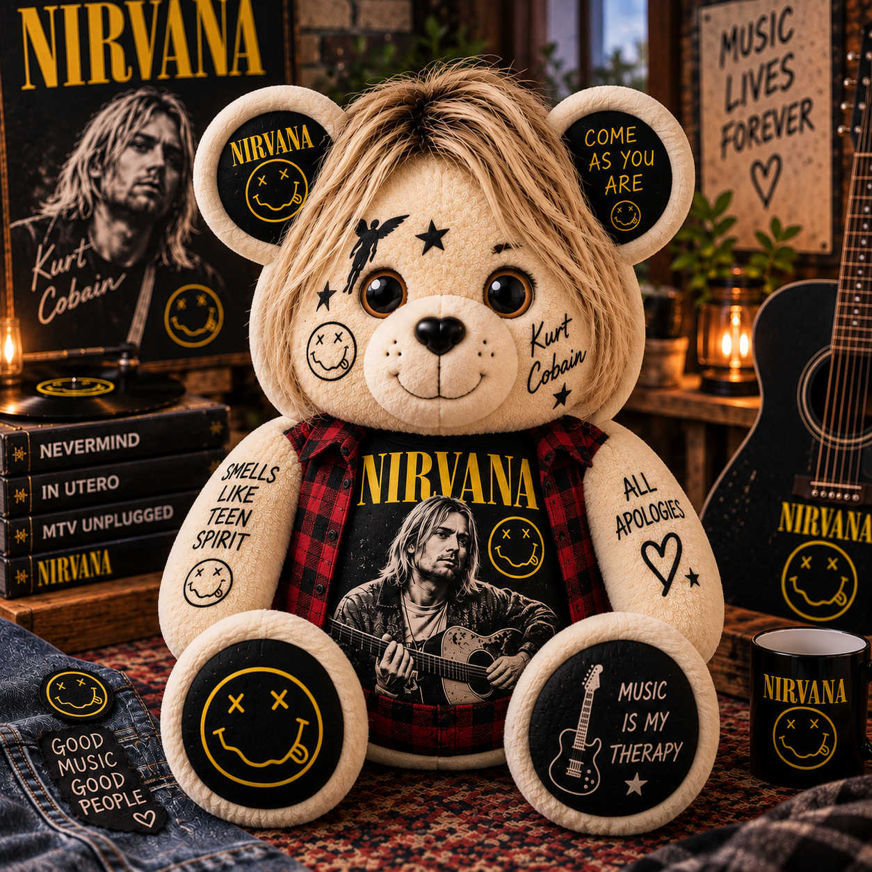 Nirvana Kurt Cobain Bear Custom Shaped Pillow – Smells Like Teen Spirit Grunge Music Fan Gift, 90s Rock Collectible