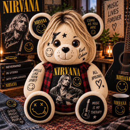 Nirvana Kurt Cobain Bear Custom Shaped Pillow – Smells Like Teen Spirit Grunge Music Fan Gift, 90s Rock Collectible