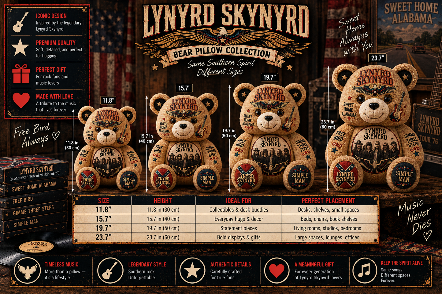 Lynyrd Skynyrd Band Bear Custom Shaped Pillow – Rock Music Legend Gift