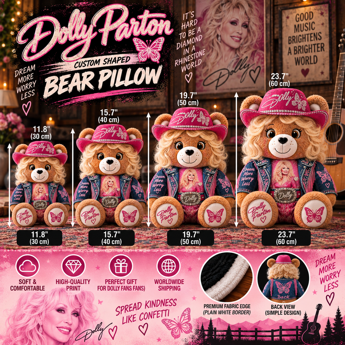 Dolly Parton Custom Shaped Bear Pillow – Country Music Inspired Gift for Dolly Parton Fans