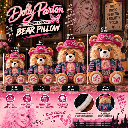 Dolly Parton Custom Shaped Bear Pillow – Country Music Inspired Gift for Dolly Parton Fans
